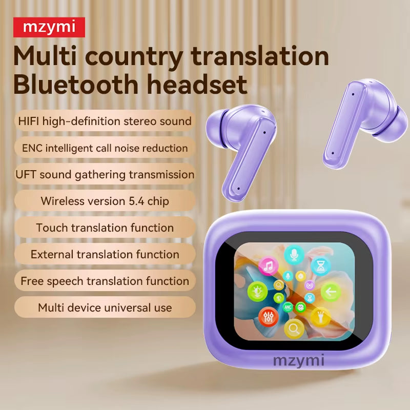 Mzyni E18 Pro ANC Wireless Earbuds with Translate Bluetooth5.4 Full in Touch Screen Earphones ENC Noise Reduction Sport Headset