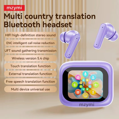 Mzyni E18 Pro ANC Wireless Earbuds with Translate Bluetooth5.4 Full in Touch Screen Earphones ENC Noise Reduction Sport Headset