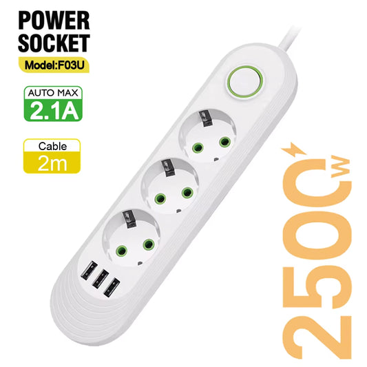 EU Plug Power Strip with 3 USB Ports Extension Cord Socket Network Filter round Pin AC Outlet 2500W Electrical Charge Adapter