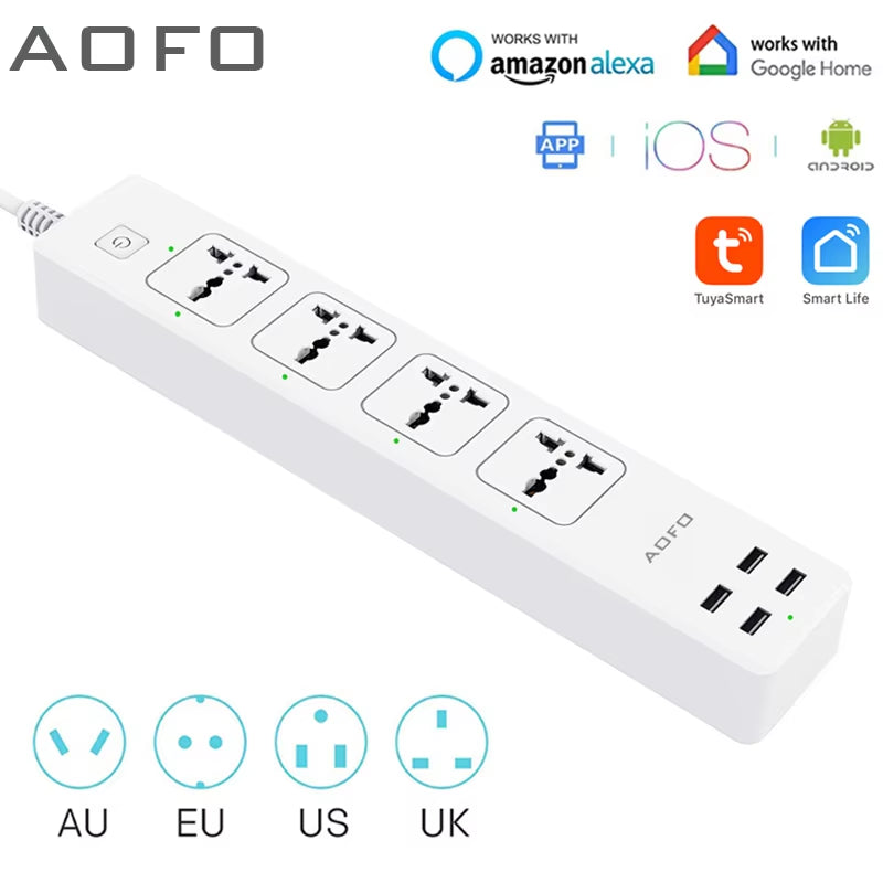 Universal Smart Power Strip Wifi Works with Alexa, Googlehome, Multi Plug with 4 AC Outlets & 4 USB Charging Ports,Voice Control