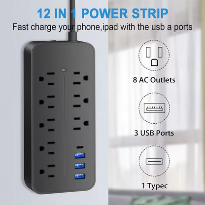 Surge Protector Power Strip 6/8 AC Outlets Multi Plug Socket with Extension Cable 10A 110V 220V EU Plug Smart Outlet Power Strip