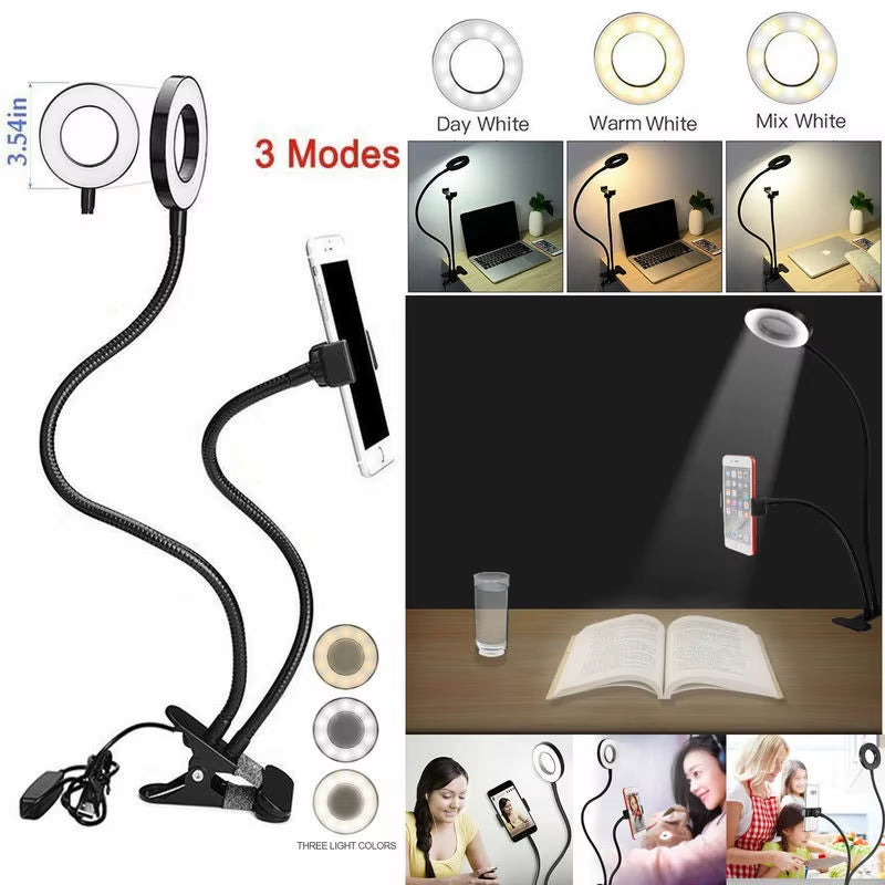 Phone Holder Tripod Selfie Flash Ring Light + Mobile Phone Holder 24 LED Camera 2 in 1 Flexibl Long Arm USB Clip for Live Stream