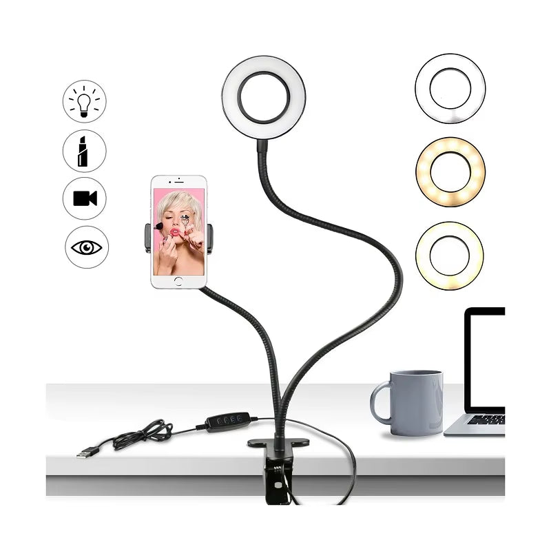 Phone Holder Tripod Selfie Flash Ring Light + Mobile Phone Holder 24 LED Camera 2 in 1 Flexibl Long Arm USB Clip for Live Stream