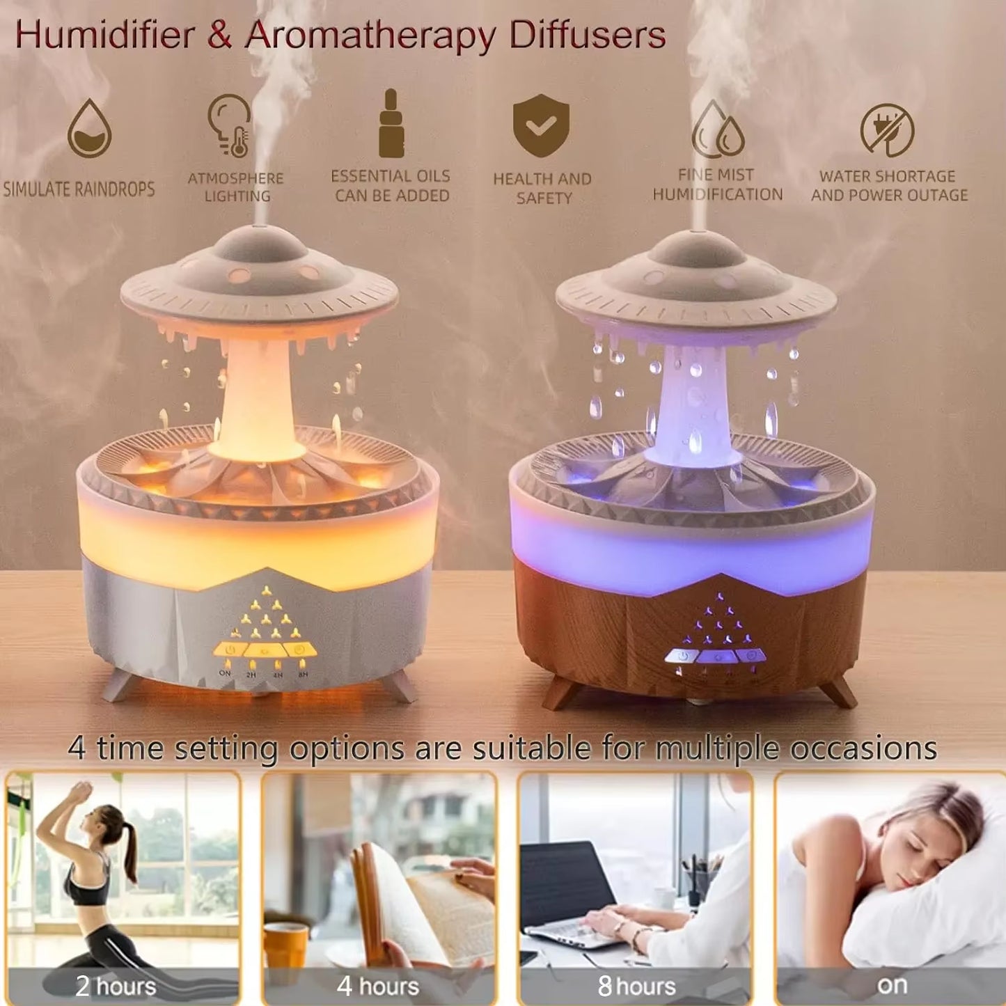 Rain Cloud Humidifier Mushroom Diffuser Raindrop Sound Night Light Cute Lamp Soothing Meditation Relaxing Creative Gift