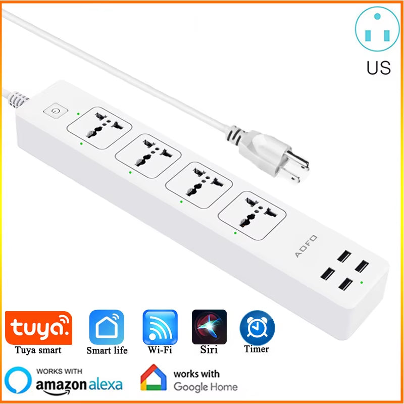 Universal Smart Power Strip Wifi Works with Alexa, Googlehome, Multi Plug with 4 AC Outlets & 4 USB Charging Ports,Voice Control