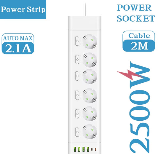 EU Plug Power Strip Multiple Independent Control Outlet Sockets 2M Extension Cord Electrical Socket with 4 USB 2 Type-C Ports