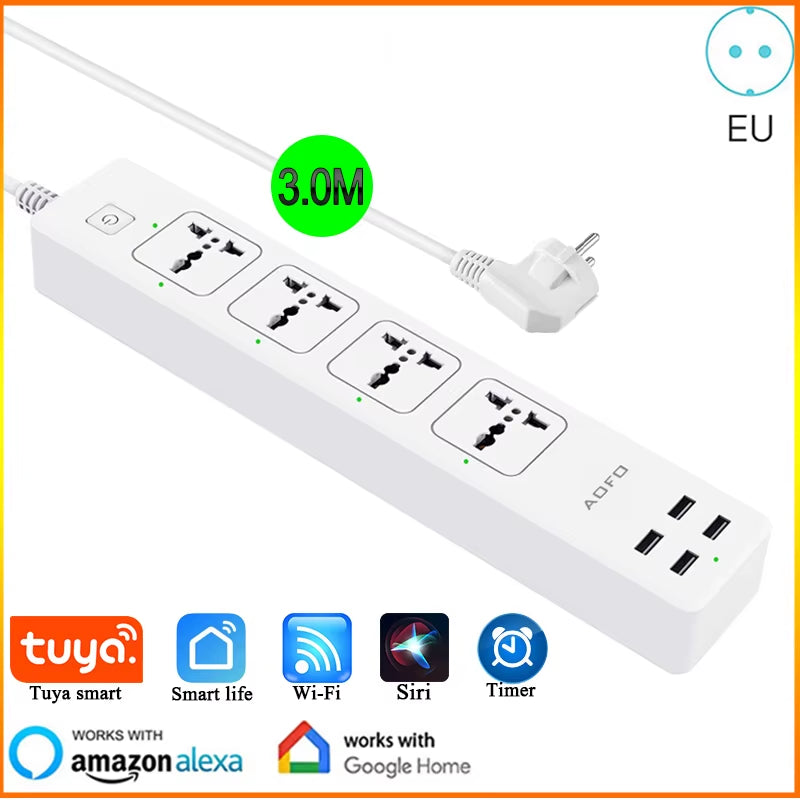 Universal Smart Power Strip Wifi Works with Alexa, Googlehome, Multi Plug with 4 AC Outlets & 4 USB Charging Ports,Voice Control