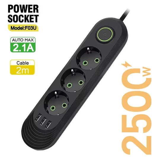 2500W EU Plug AC Outlet Multiprise Power Strip 2M Extension Cord Electrical Socket Network Filter with USB Ports Fast Charging